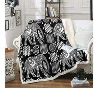 Loussiesd Elephant Boho Style Fleece Blanket for Couch, Sofa, Travel - Wild Animal Sherpa, Ethnic Plush Blanket - Black, White - Single - 50"x60"