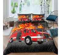 Loussiesd Fire Truck Car Bedding Set Fire Engine Pattern Duvet Cover For Kids Children Teens Firefighter Firemen Comforter Cover Red Truck Bedspread Cover Bedroom Decor Quilt Cover 3Pcs Double Size
