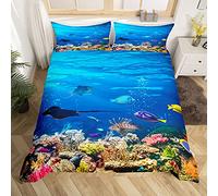 Loussiesd Fish Duvet Cover King Size Ocean Bedding Sets 3D Printed Underwater World with Goldfish Coral Reef Pattern Quilt Cover, Kids Teens Adults 3Pcs Duvet Cover Set with Zipper