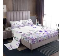 Loussiesd Flowers Pattern Bed Sheet Set Double Size for Girls Adults Women Kids Butterflies Print Bedding Set Nature Theme Purple Sheets with Deep Pocket Fitted Sheet+2 Pillowcases Garden Flower