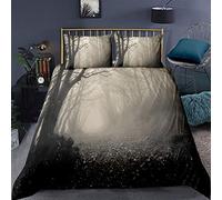 Loussiesd Forest Comforter Cover Double Size Gothic Bedding Set Foggy Mysterious Nature Decorative 3 Pieces Beige Black Duvet Cover Set Pathway Trees Bedspread Cover with 2 Pillowcase Zipper