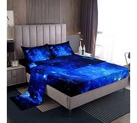 Loussiesd Galaxy Bed Sheet Set Double Size Out Space Bedding Navy Blue 100% Microfiber Deep Pockets Sheets 4 Pcs - 1 Falt& 1 Fitted Sheets with 2 Pillow Shams