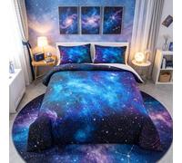Loussiesd Galaxy Bedding Set Junior/Cot Bed, Girls Boys Kids Teen Comforter Cover, Outer Space Duvet Cover Galaxy Stars in Space Celestial astronomic Planets, Decorative Bedclothes Blue Purple