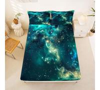 Loussiesd Galaxy Fitted Sheet Double Size for Kid Boys Girls Green Outer Space Bed Sheets Set 16" Deep Pocket Soft Breathable Microfiber Starry Sky Night Pattern Bedding with 2 Pillowcases Room Decor