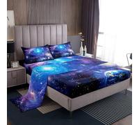 Loussiesd Galaxy Fitted Sheet Starry Sky Constellation Bedding Set Blue Purple Planet Bed Sheet Set for Boys Girls Kids Room Decor Milky Way Outer Space Sheets with Deep Pocket Double