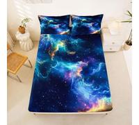 Loussiesd Galaxy Fitted Sheet with 2 Pillowcases Double Size Outer Space Bed Sheets Set 16" Deep Pocket Boys Girls Starry Sky Night Pattern Bedding Teens Decor Breathable Soft Lightweight Microfiber