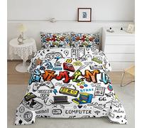 Loussiesd Gamer Comforter Set Computer Gaming Joysticks Bedding Set for Boys Girls Kids Colorful Graffiti Gamepad Headphone Down Comforter Retro Arcade Game Machine Duvet Insert/Quilt Set Double Size