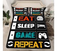 Loussiesd Gamer Fitted Sheet for Boys Gaming Bedding Set Girls Kids Video Game Controller Bed Sheet Set Funny Creative Eat Sleep Game Repeat No Flat Sheet Double Size