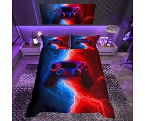 Loussiesd Gamer Gaming Bedding Sets Junior/Cot Bed,Lightnings Gamepad Youth Duvet Cover, Video Games Comforter Cover for Kid Teens Boys Man, Modern Bedroom Decor 2 Pcs Bedding Set,Red Blue