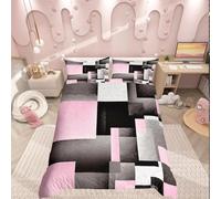 Loussiesd Geometric Bedding Set Double Kids Pink Grey Black Buffalo Check Comforter Set for Boys Teens Modern Abstract Duvet Cover Breathable Stripe Line Bedspread Room Decor Quilt