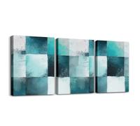 Loussiesd Geometric Checkered Framed Canvas Wall Art Teal Black Plaid Abstract for Bedroom Abstract Art Ombre Pictures Painting for Room Office Wall Decorations Posters Artwork 40cmx30cmx3Pcs