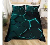 Loussiesd Geometric Effects 3D Duvet Cover Double Modern Hexagonal Ribbon Honeycomb Bedding Set Neon Polygonal Patterns Duvet Cover Green Turquoise Black