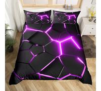 Loussiesd Geometric Effects 3D Duvet Cover Single Modern Hexagonal Ribbon Honeycomb Bedding Set Neon Polygonal Patterns Duvet Cover Violet Black