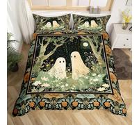 Loussiesd Ghost Comforter Cover Single Size Happy Halloween Bedding Set for Boys Girls Cute Ghost Duvet Cover Horror Theme Bedroom Decor 2Pcs Orange Green