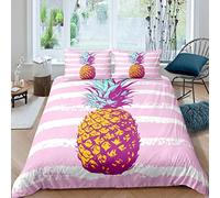 Loussiesd Girls Bedding Set Pineapple Duvet Cover For Kids Children Teens Tropical Fruit Print Comforter Cover Bright Stripe Design Bedspread Cover Bedroom Decor Quilt Cover 3Pcs Double Size