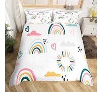 Loussiesd Girls Catoon Rainbow Bedding Set Pink Love Heart Duvet Cover Decor Cute Cloud 2Pcs Single Comforter Cover Kawaii Stripes Polka Dots Theme White Bedspread Bedroom