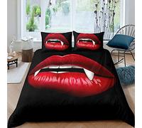 Loussiesd Girls Duvet Cover Set Single for Kids Teens Red Sexy Lips Bedding Set 3D Mouth Comforter Cover Mouth Long Teeth Bedspread Cover Fangs Microfiber Quilt Cover Black Bed Cover