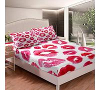 Loussiesd Girls Kiss Bedding Set Girly Feminine Red Lips Fitted Sheet for Kids Women Lipstick Print Bed Sheet Set Sexy Mouth Pattern Bed Cover Room Decor 2Pcs With 1 Pillow Case Single Size