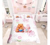 Loussiesd Girls Pink Bow Double Duvet Cover Capybara Axolotl Bedding Set for Kids Comforter Cover Kawaii Crown Bedspread 3Pcs Lamian Noodles Room Decor Flower