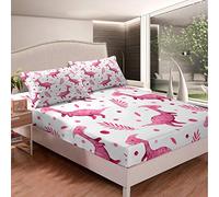 Loussiesd Girls Pink Dinosaur Fitted Sheet Cute Cartoon Dino Bedding Set Botanical Leaf Pattern Bed Sheet Set for Kids Children Room Decor Lightweight Polka Dots Bed Cover Double With 2 Pillow Case