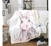Loussiesd Girls Rabbit Fleece Sherpa Blanket Cute Cartoon Bunny Plush for Chair Sofa Couch Girly Floral Flowers Throw Lovely Animal Theme Bedroom Decor Fuzzy Single 50"x60"