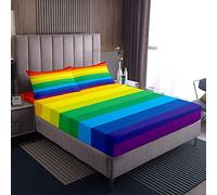 Loussiesd Girls Rainbow Bed Sheet Set Colorful Stripes Bed Sheets Red Yellow Green Blue Purple Sheet Set Multi Color Bedding Set Soft Luxury Breathable Fitted Sheet 3Pcs Double Size