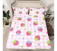Loussiesd Girls Strawberry Bed Sheet Set King Kids Pink Buffalo Check Bedding Set Cute Strawberries Fruit Fitted Sheet Soft Kawaii Grid Plaid Bed Cover With 2 Pillow Case, Flat Sheet not Included