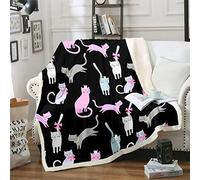 Loussiesd Girly Cute Cat Plush Throw Blanket Cartoon Kitten Pattern Fleece Pet Cats Design for Sofa Couch Colorful Black Animal Theme Flannel Blanket Room Decor Single 50"x60"
