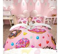 Loussiesd Girly Donuts Bedding Set Sweet Donuts Duvet Cover Set for Kids Boys Girls Chocolate Doughnut Bedding & Linen Cute Whimsical Dessert Heart Pink Decor Bedding & Linen Bedroom 3Pcs Double Size