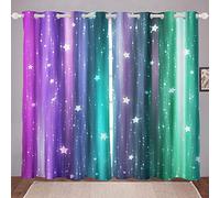 Loussiesd Girly Glitter Curtains for Bedroom Kids Girls 3D Galaxy Starry Sky Blackout Curtains Green Purple Gradient Window Curtain Luxury Stripes Darkening Thermal Drapes W46*L54,2 Panel Set