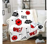 Loussiesd Girly Kiss Cute Feminine Red Lips Fleece Blanket for Sofa Couch Sexy Mouth Pattern Decor Sherpa Lovely Design Warm King 87"*94"