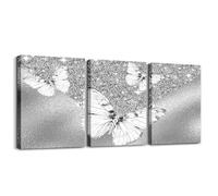 Loussiesd Glitter (No Glitter) Bathroom Wall Art for Home Decor 40X30cm Stylish Butterfly 3 Piece Canvas Wall Art for Living Room Bedroom Animals Office Wall Decor Artwork Posters Silver Grey