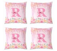 Loussiesd Glitter Pink Castle Throw Pillow Covers Set of 4 45x45cm Personalized Initial R Cushion Case Girls Pink Bow Decor Pillowcase Fairytale Rose Floral Flower Indoor Outdoor Super Soft