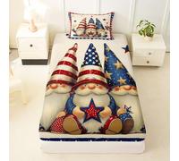 Loussiesd Gnomes Fitted Sheet with 2 Pillowcases Double Size 4th of July Bed Sheets Set 16" Deep Pocket Boys Girls 250th anniversary Bedding Teens Bedroom Decor Breathable Soft Lightweight Microfiber