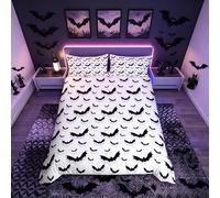 Loussiesd Goth Comforter Cover Double Size Flying Bats Theme Bedding Set Animal Shadows Pattern Decorative 3 Pieces Black Duvet Cover Set White Grey Bedspread Cover with 2 Pillowcase Zipper