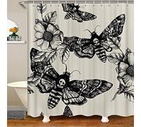 Loussiesd Gothic Skull Bathroom Shower Curtain Set Death Moth and Flowers Bath Curtain Kids Stalls Pesonalized Skeleton Bones Shower Curtain Black Cream Waterproof Bathroom Curtains 72x94 Inch