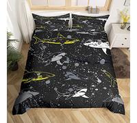 Loussiesd Graffiti Shark Comforter Cover Set Cartoon Shark Duvet Cover Set for Kids Boys Animal Bedding Set Shark Illustration Quilt Cover Black Duvet Cover Single Size