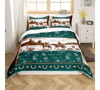Loussiesd Green Bedding Duvet Cover Set Single Size Wild West Cowboy Bedding Set Horse Desert Rodeo Cowboy Comforter Cover Set for Horseshoes West Texas Star Bedspread Cover 1 Pillow Case
