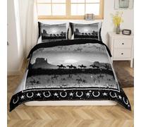 Loussiesd Grey Western Decor Comforter Cover Set Single Size Wild West Cowboy Bedding Set Horse Setting Sun Glitter Bedding Duvet Cover Set Horseshoes West Texas Star Bedspread Cover 2Pcs