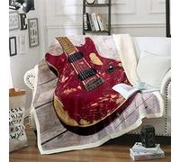 Loussiesd Guitar Fleece Throw Blanket - Red Plush for Sofa Bed, Rock Music Themed Sherpa With Musical Pattern, Fuzzy Retro Vintage Room Decor - Single 50x60 Inch