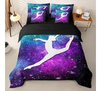 Loussiesd Gymnastics Duvet Cover With Sheets 7 Piece Double Size Outer Space Galaxy Bed in a Bag Kids Boys Girls Glitter Bedding Set Bedroom Decor Breathable Soft Lightweight Microfiber