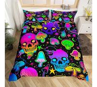 Loussiesd Halloween Bedding Set Double Kids Sugar Skull Duvet Cover Mushroom for Room Decor Lightweight Fluorescent Style with 2 Pillow Case