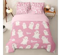 Loussiesd Halloween Cute Ghost Duvet Cover With Sheets 7 Piece Super King Size Pink and White Spooky Funny Cartoon Ghosts Bedding Set for Kids Boys Girls Bed in a Bag