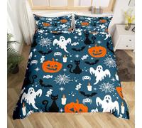 Loussiesd Halloween Decorations Duvet Cover Junior/Cot Bed Bat Pumpkin Bedding Set Teens Adults Ghost Festival Themed Quilt Cover Vintage Blue Soft and Lightweight