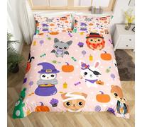 Loussiesd Halloween Decorations Duvet Cover Super King Size Cartoon Owl Rabbit Bedding Set Kawaii Halloween Festival Themed Quilt Cover Girly Pink Soft and Lightweight