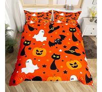 Loussiesd Halloween Duvet Cover Ghost Pumpkin Lantern Black Cats Bedding Set for Adults Halloween Decor Stars Witch Hat Bats Duvet Set Double Size with 2 Pillow Case Boys