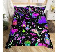 Loussiesd Halloween Duvet Cover Single Size with 1 Pillow Cases Decor Happy Halloween Bedding Set Neon Cartoon Cat Quilted for Kids Adults