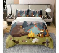 Loussiesd Happy Camping Duvet Cover 100% Cotton Single Size Cute Bear Fox Animal Comforter Cover for Boys Girls Camper Theme Bedding Set 2Pcs Room Decor