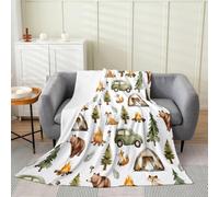 Loussiesd Happy Camping Fleece Throw Blanket Double 60x79Inch RV Camping Flannel Blanket Plush Fuzzy for Kids Camper Couch Living Room Teens Ultra Soft Decor Cute Bear Car Tents All Season Breathable
