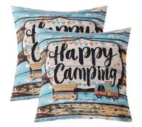 Loussiesd Happy Camping Throw Pillow Covers Camper Pillow Covers for Home Sofa Bed Couch for Kids Boys Girls Rustic Farmhouse Cushion Covers Vintage Wooden Planks Pillowcases, 45x45cm Set of 2